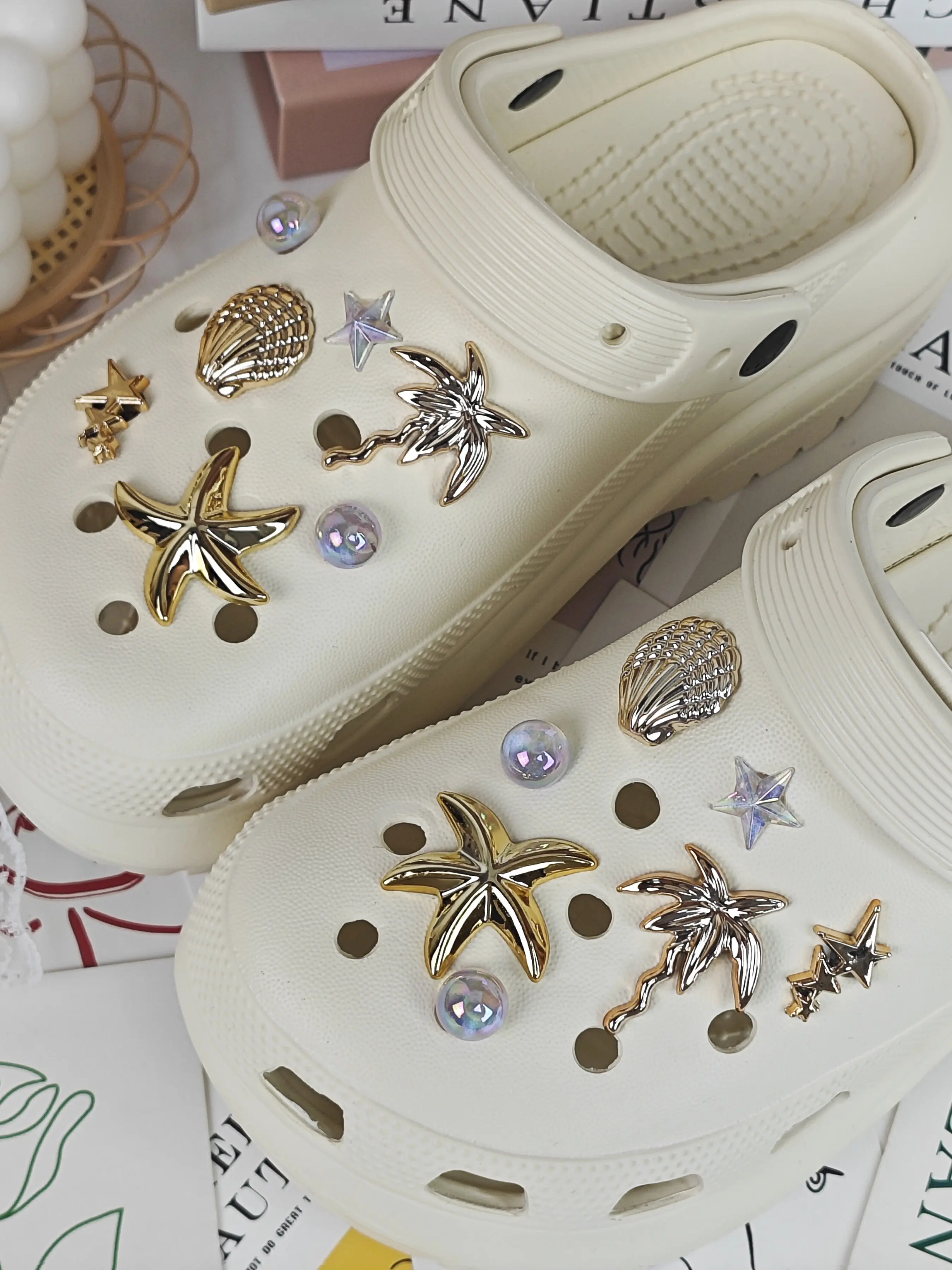 14pcs Shoe Decoration DIY Charms, Shiny Fashion Shell, Star & Coconut Tree Design, Colorful Geometric Slipper Decorations, EVA Beach Shoes & Sandals Accessories, Shoe Charms Set