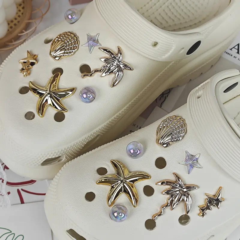 14pcs Shoe Decoration DIY Charms, Shiny Fashion Shell, Star & Coconut Tree Design, Colorful Geometric Slipper Decorations, EVA Beach Shoes & Sandals Accessories, Shoe Decor Accessory