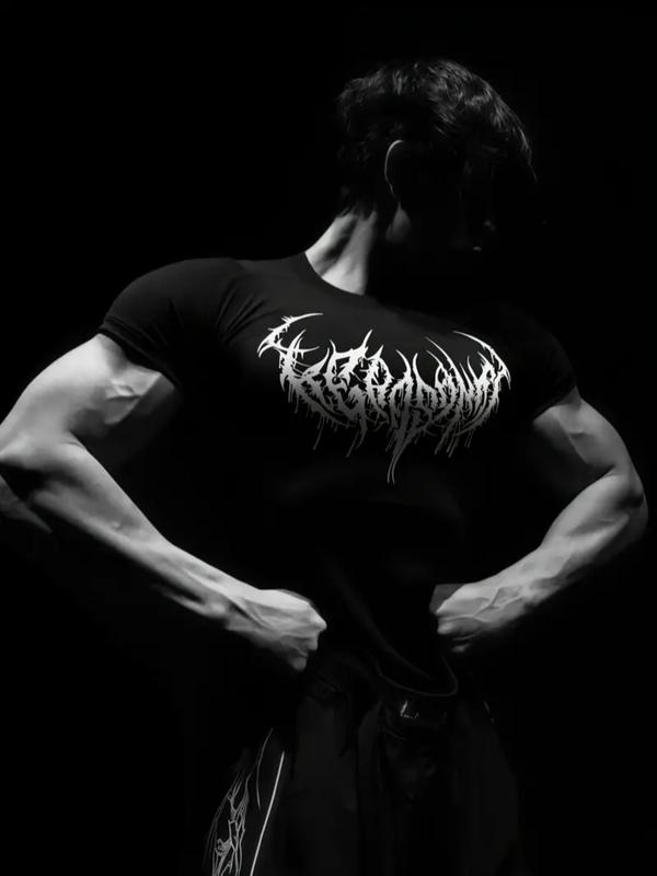 2pcs Men's Gothic Gym T-Shirts - Wing Print, Anti-Slip Seams for Intense Training, Stretch Fabric, Slim Fit, Black & White, Polyester Blend Workout Tops for Fitness, Bodybuilding & Streetwear