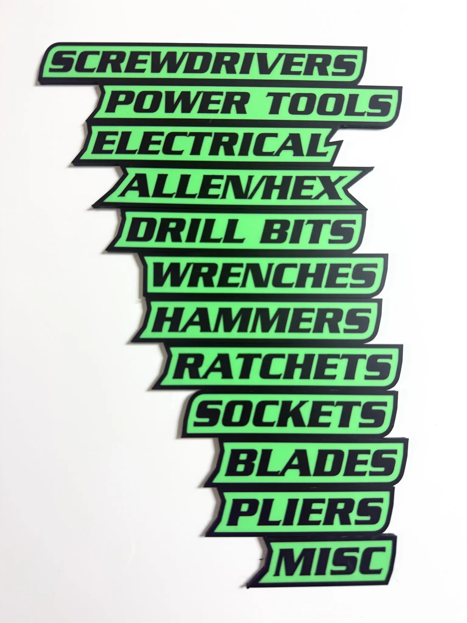 ColKy 12-Pack Magnetic Toolbox Emblems for Garage Storage Tool Organization High Quality 3D Printed Personalized Magnets for Metal Cabinets Drawers Tool Box Decor Plastic Gift Set Labels