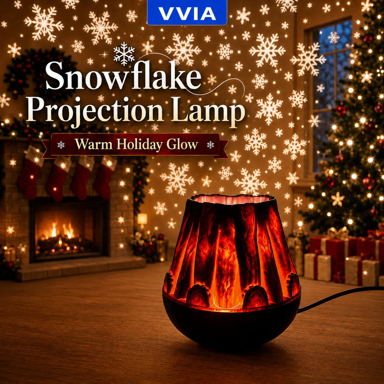 USB Snowflake Projection Lamp - ABS Plastic Christmas Fireplace Flame Effect Night Light with Festive Glow, Holiday Theme Decor for Bedroom, Party