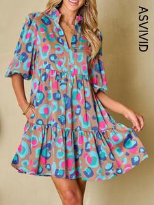 women's all over print frill trim ruffle hem smock dress, elegant lantern sleeve notched neck dress for spring & fall, women's clothing for daily wear