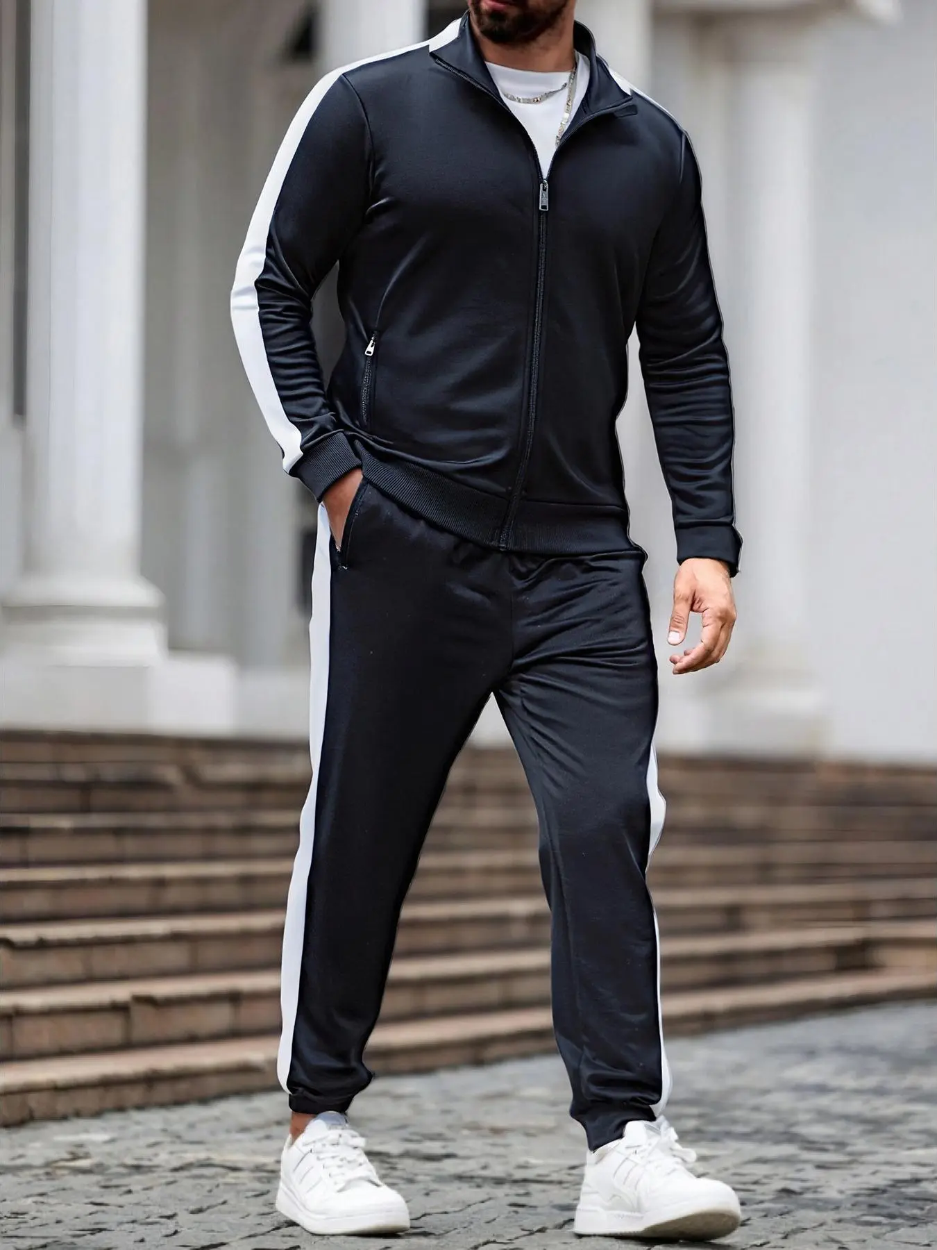 Men's 2 Piece Tracksuit Set, Full Zip Striped Stand Collar Jacket & Jogger Pants, Casual Long Sleeve Athletic Outfit, Lightweight Sports Sweat Suit for Gym Running Daily Streetwear