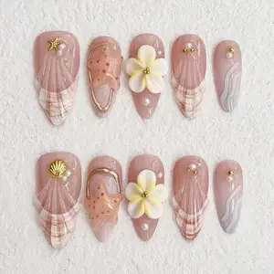 30pcs 3D Gel Nail Set, Gel Nail Tips, Almond Shape Gradient Ocean Style, Shell Starfish Egg Flower Pearl Gold Bead Decorations, Acrylic False Nails Kit