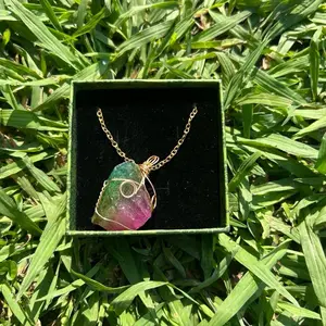 Natural Chakra Necklace with Gold Chain and Colorful Gemstones, Aura Sparkling Jewelry Amethyst Quartz Crystal Necklace, Gold Wrap Around Wire Design