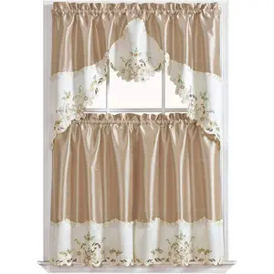 Arch Floral Kitchen Curtain Set/Swag Valance & Tier Set. Nice Matching Color Floral Embroidery on Border with cutworks (Beige)