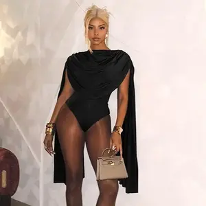 Women's Sexy Cowl Neck Jumpsuits Sleeveless Ruched Cape Slim Fit Bodysuit Stretchy Club Outfits For Women Sexy Clubwear