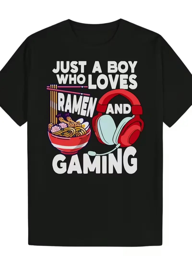 Men's Ramen and Gaming TShirt Noodle Bowl and Ramen Noodle Headphones Design with Just a Boy Who Loves Ramen and Gaming Slogan Casual Summer Tee for Gamers Anime Fans Lovers Black WithRetro Casual Short-sleeved T-shirt with a Round Neck and Printed