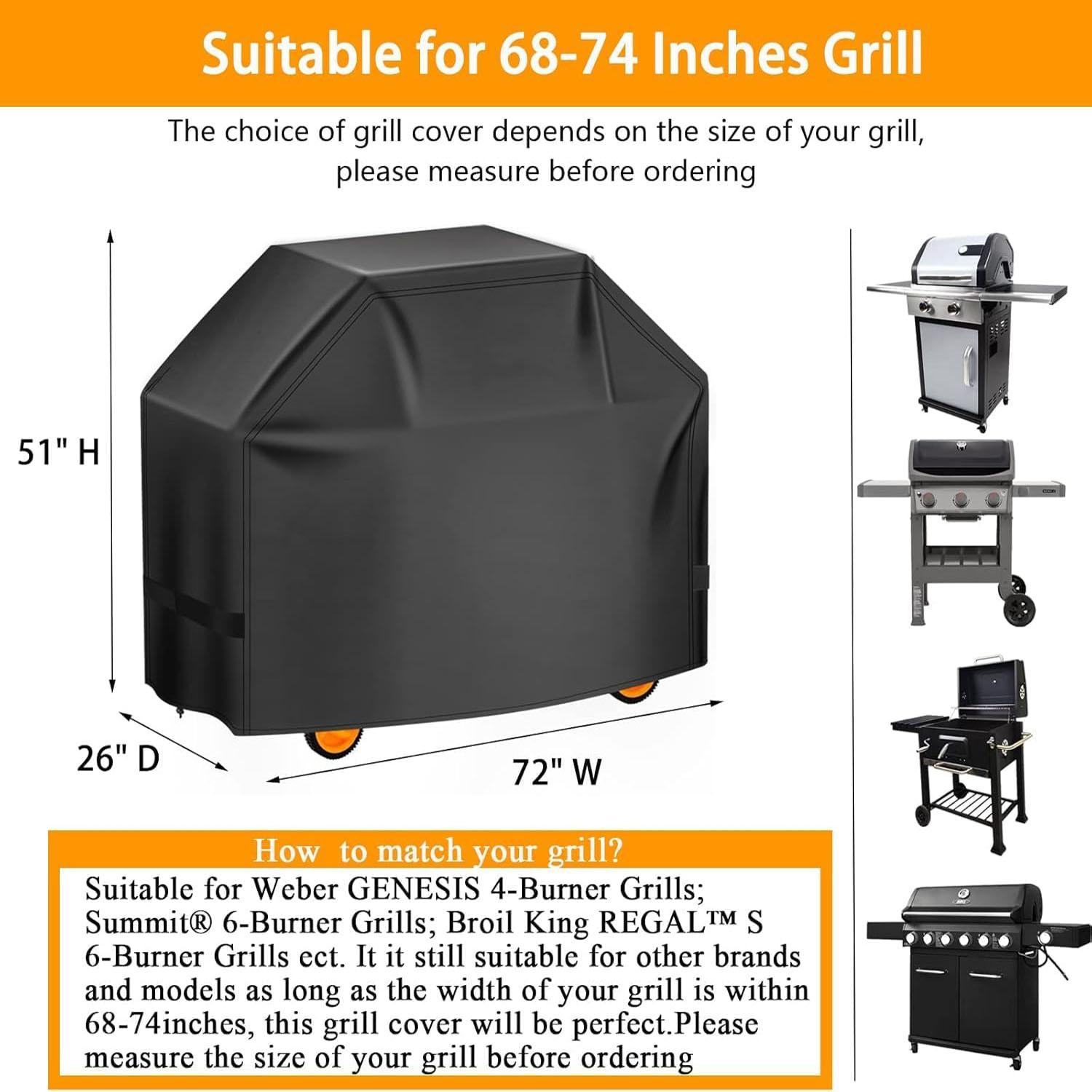 72in Large Waterproof BBQ Gas Grill Cover - 72x26x51", Anti-UV, Windproof, Colorfast Spun Polyester, Adjustable Hook-and-Loop Straps, Elastic Hem Drawstring - Fits Weber, Char-Broil, Monument, Dyna-Glo, Nexgrill - Outdoor Grill All-Year Protection
