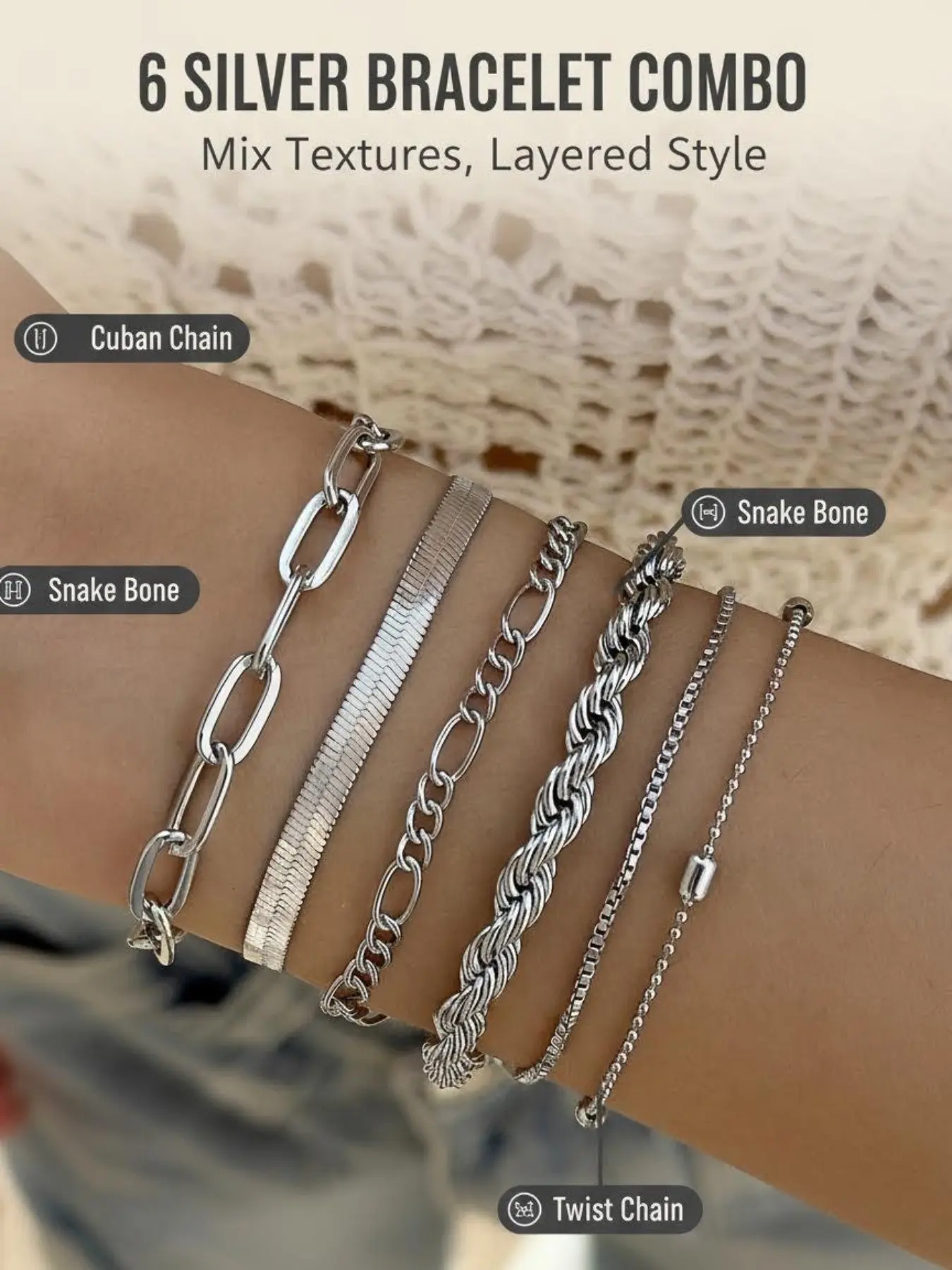 6pcs Silver Bracelet Set✨Layered Chain Vibe, Mix Textures, Metal Bracelet | Cuban, Snake Bone & Twist Details | Perfect for Daily, Party & Everyday Outfits Cuban Link Bracelet