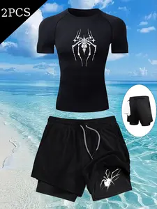 Men's Two-Piece Sports Compression Quick-Dry Set, Spider Print High Elasticity Gym and Outdoor Wear, Slim Fit Tee and Dual-Layer Drawstring Shorts