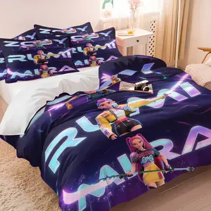 K-Pop Anime Girl Group Decorative Duvet Cover Set-1 Duvet Cover & 1-2 Coreless Pillowcases-Neon Gradient Names Battle Outfit-Comfortable Soft Bedding-Cyberpunk Style Teens Bedroom Dorm Decor Gift for Fans