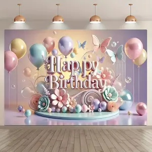 Birthday Background Banner, 1 Count Colorful Flower & Balloon Pattern Birthday Background, Wall Decoration, Photo Booth Background, Indoor & Outdoor Decoration, Ornaments