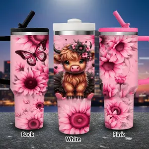 1 pc 40 oz whimsical fantasy art calf tumbler with floral crown and pink flowers, with lid and straw; winter insulated travel mug; gift for women and men; ideal for Valentine’s Day, Easter, and birthdays; suitable for iced or hot coffee