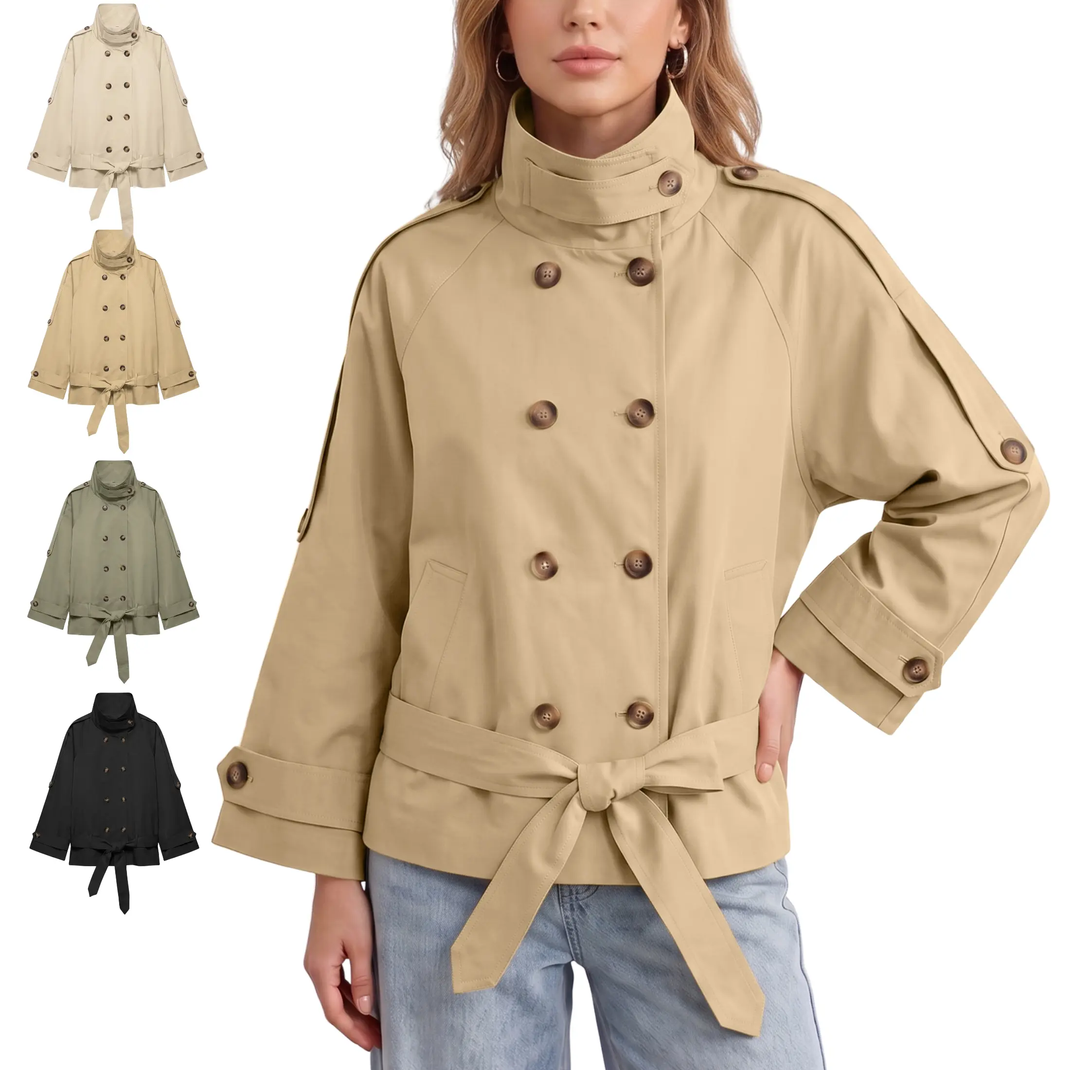 Wandal Women's Cropped Trench Coat - High Neck, Double Breasted, Belted, Long Sleeve, Loose, Windproof Tops - 2026 Trendy Minimalist Basic Fall Winter Outerwear for Street Commute OOTD