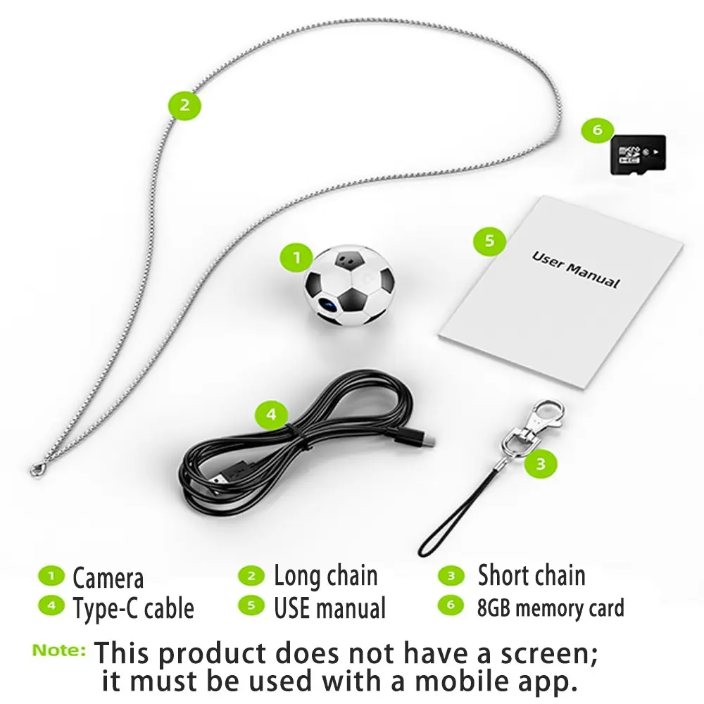 Mini Soccer WiFi Camera, Wireless Wifi Camera, 130° Wide Angle, APP Control, No Display, Wearable Keychain Camera, Compact and Portable Surveillance Device, Wifi Security Camera