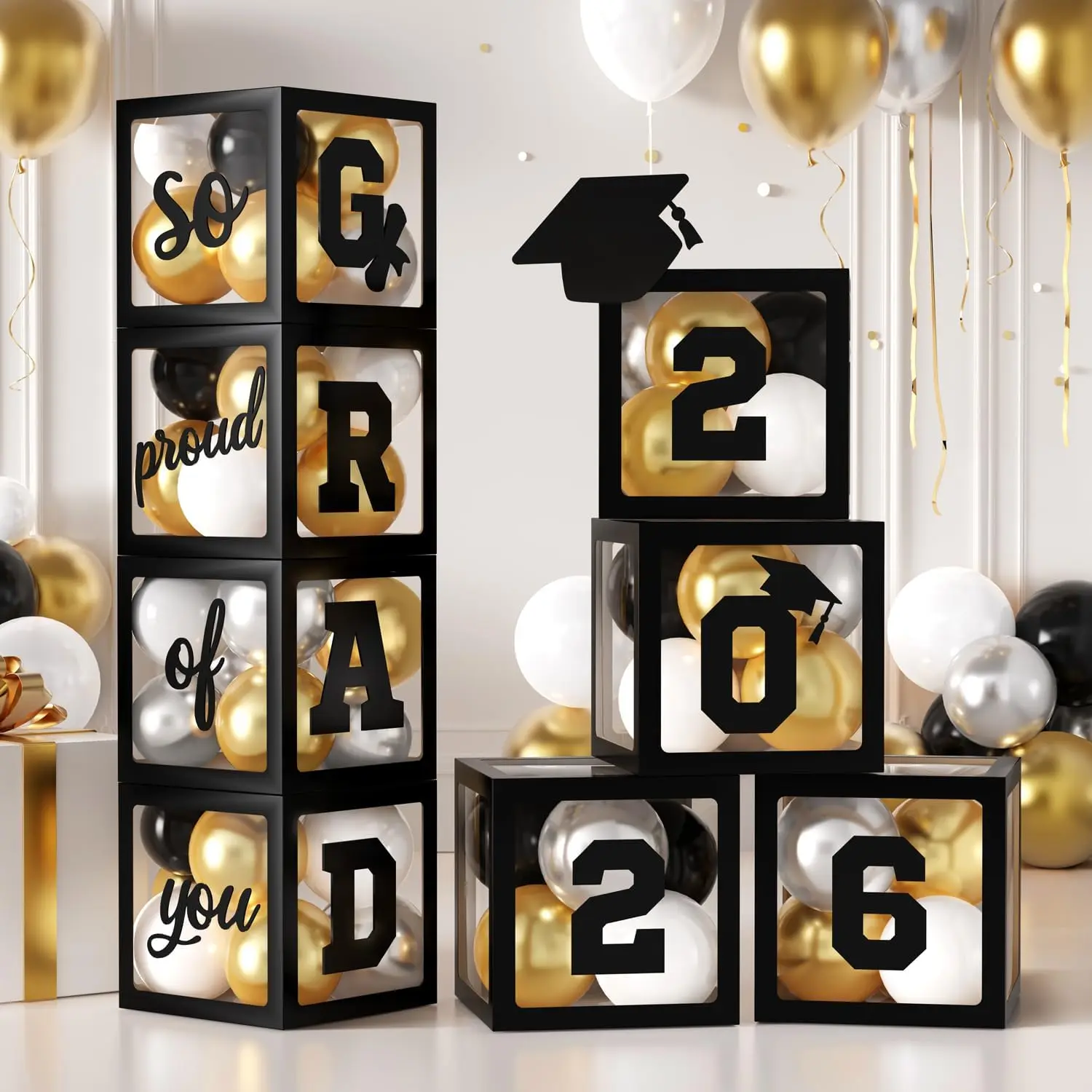2026 Graduation Balloon Box, 4 count Transparent Black Boxes with Letters "2026 GRAD So Proud of You" and Black White  Balloons for Congrats Grad High School College Graduation Party Decor