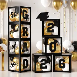 2026 Graduation Balloon Box, 4 count Transparent Black Boxes with Letters "2026 GRAD So Proud of You" and Black White  Balloons for Congrats Grad High School College Graduation Party Decor