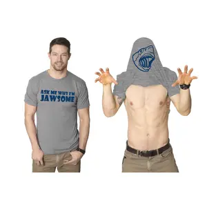 Ask Me Why I'm Jawsome T Shirt Funny Flip Up 70s Shark Movie Tee Mens Funny T Shirts Cool Vintage Fashion T-Shirt Gift Classic Menswear Shark Apparel for Men Funny Movie Short Sleeve Novelty Tees for Guys Light Grey