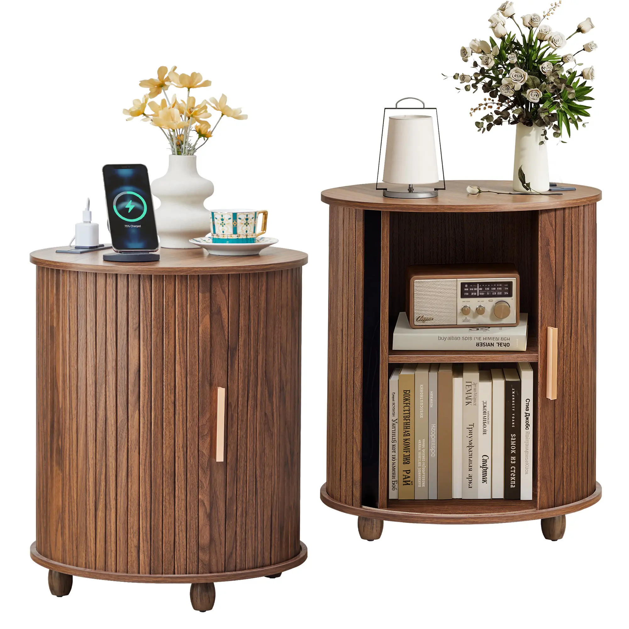 Giratree Mid-Century Fluted Round End Table with Charging Station - Small Sofa Side Table with Sliding Tambour Door Storage, Home Decor Nightstand for Living Room Bedroom (1 Piece or 2-Piece Set)
