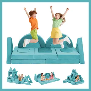 16 PCS Modular Kids Play Couch, Convertible Foam Toddler Sofa Bed with Washable Covers, Versatile Creative Fort Building Set for Boys Girls, Ideal for Playroom Bedroom, Teal