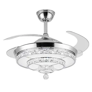Crystal Chandelier Ceiling Fans with Light,42Inch LED Stepless Dimmable Crystal Fandelier,Remote Control Retractable Invisible Blades 6 Speeds Indoor Fandelier for Living Room Bedroom