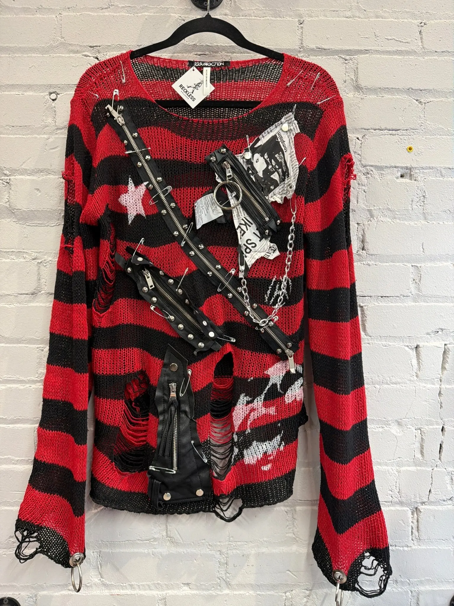Red&Black Stripe Zip Shredded Punk Sweater