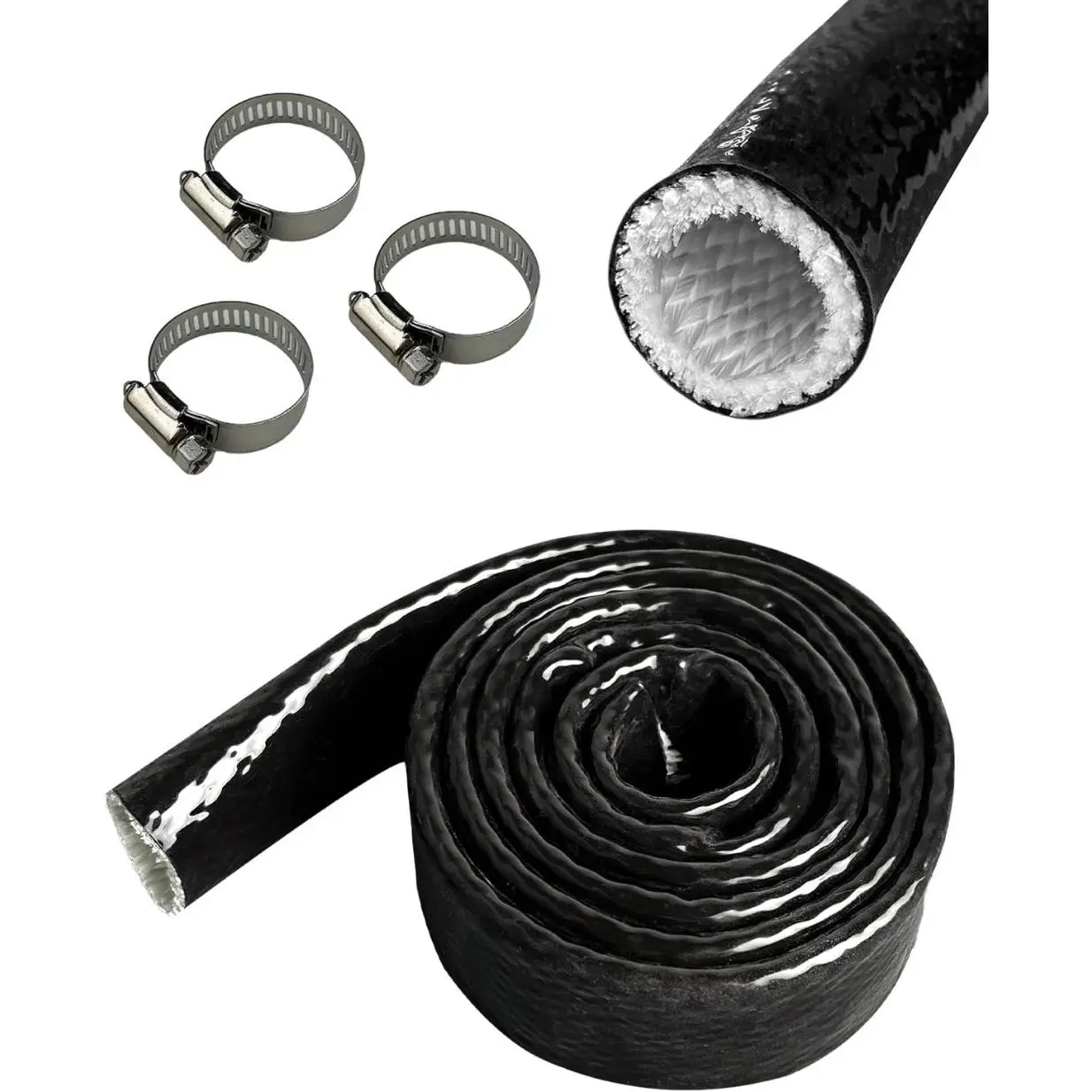 1/2" ID Shielded Thermo Sleeve Silicone Coated Fiberglass Protection with 3 Clamps For Automotive Hose Lines,Electrical Wiring (Black, 5FT)
