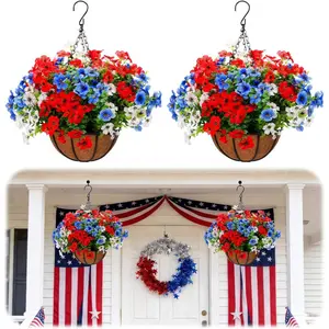 Set of 2 10" 4th of July Hanging Flower Baskets, Red White & Blue Faux Flowers for 250th Anniversary Independence Day, Front Porch & Patio Decoration