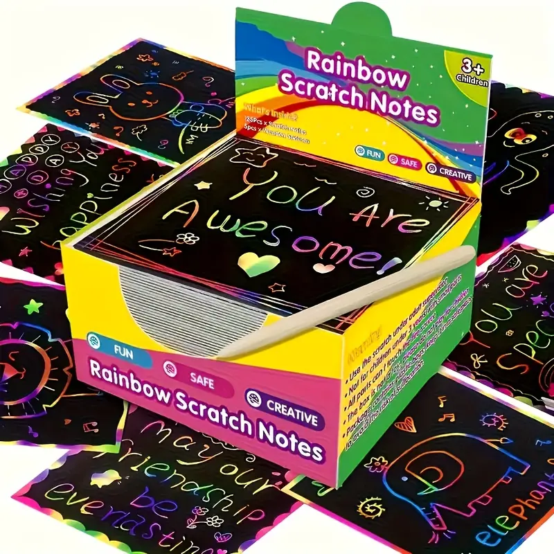 Kids Rainbow Scratch Art Set, Craft Kit, DIY Craft Kits, 50 Pieces Creative Drawing Paper Cards, Perfect Gift for Birthdays, Halloween & Christmas, Creative Engagement, Safe, Rainbow Scratch Notes, Creative Fun