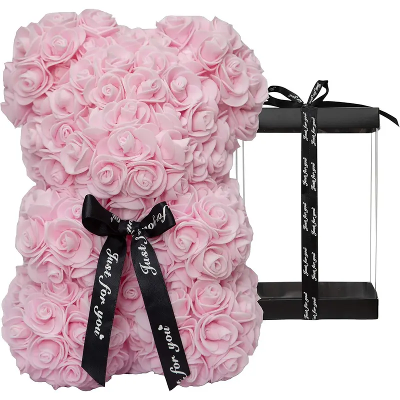 Rose Bear Rose Teddy Bear Flower  Black Box for Valentines Gifts Anniversary Christmas,Birthdays Bridal Showers -Fully Handmade 10 inch Flower Bear Clear  Box (Light Pink)