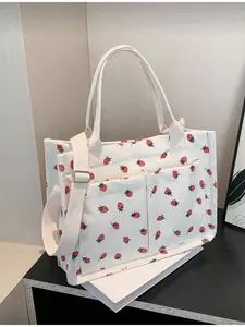 Strawberry Print Multi Pocket Lightweight Fashionable Tote Bag for Girls Women with Adjustable Strap Large Capacity School Shopping Work Casual Handbag