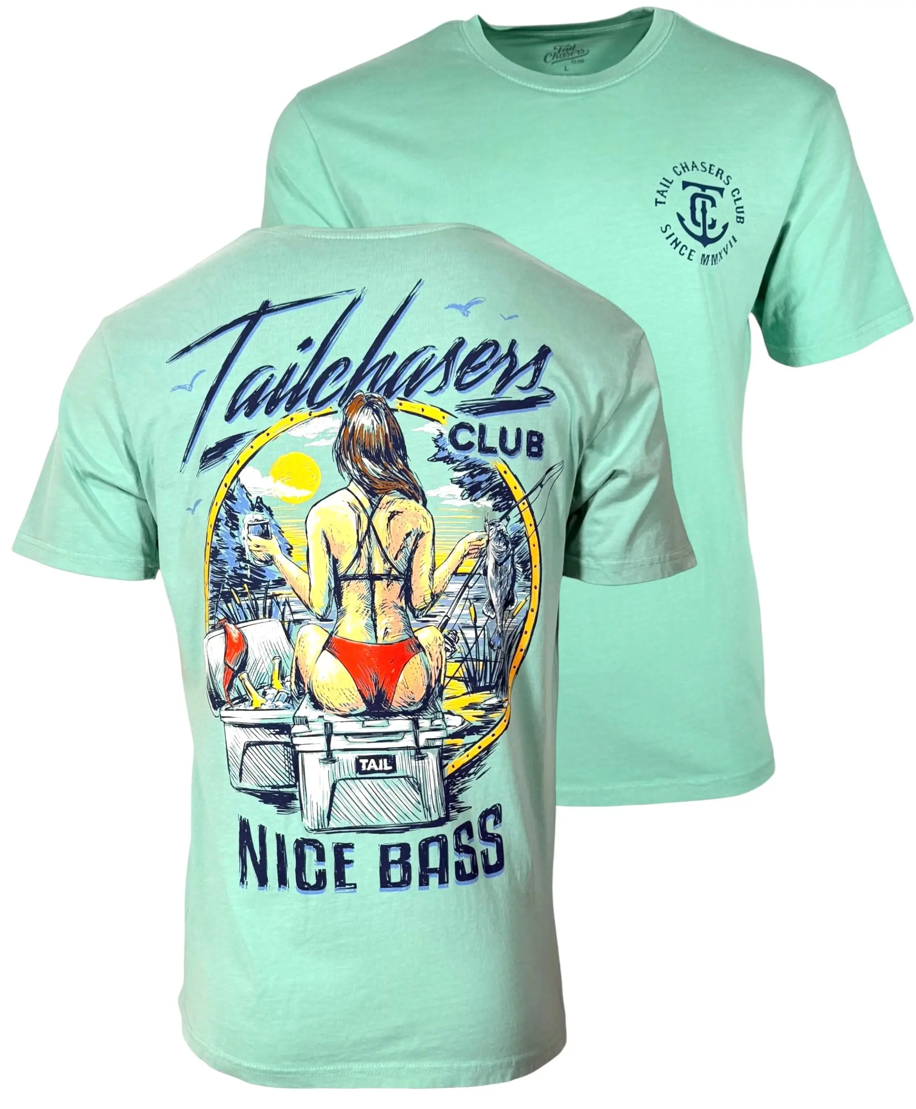 Tail Chaser Men's TC28 Bass Graphic Print T-Shirt, 100% Cotton Short-Sleeve Casual Fishing Apparel, Tshirt, Round Neck