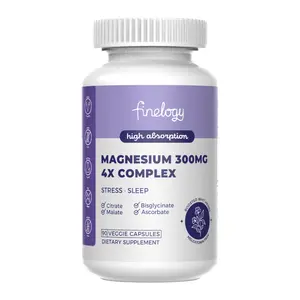 Finelogy Magnesium 4X Complex -300mg Magnesium Supplement with Chelated Glycinate, Citrate, Malate & Ascorbate | High Absorption for Stress, Sleep, Muscle & Bone Health | 90 Capsules