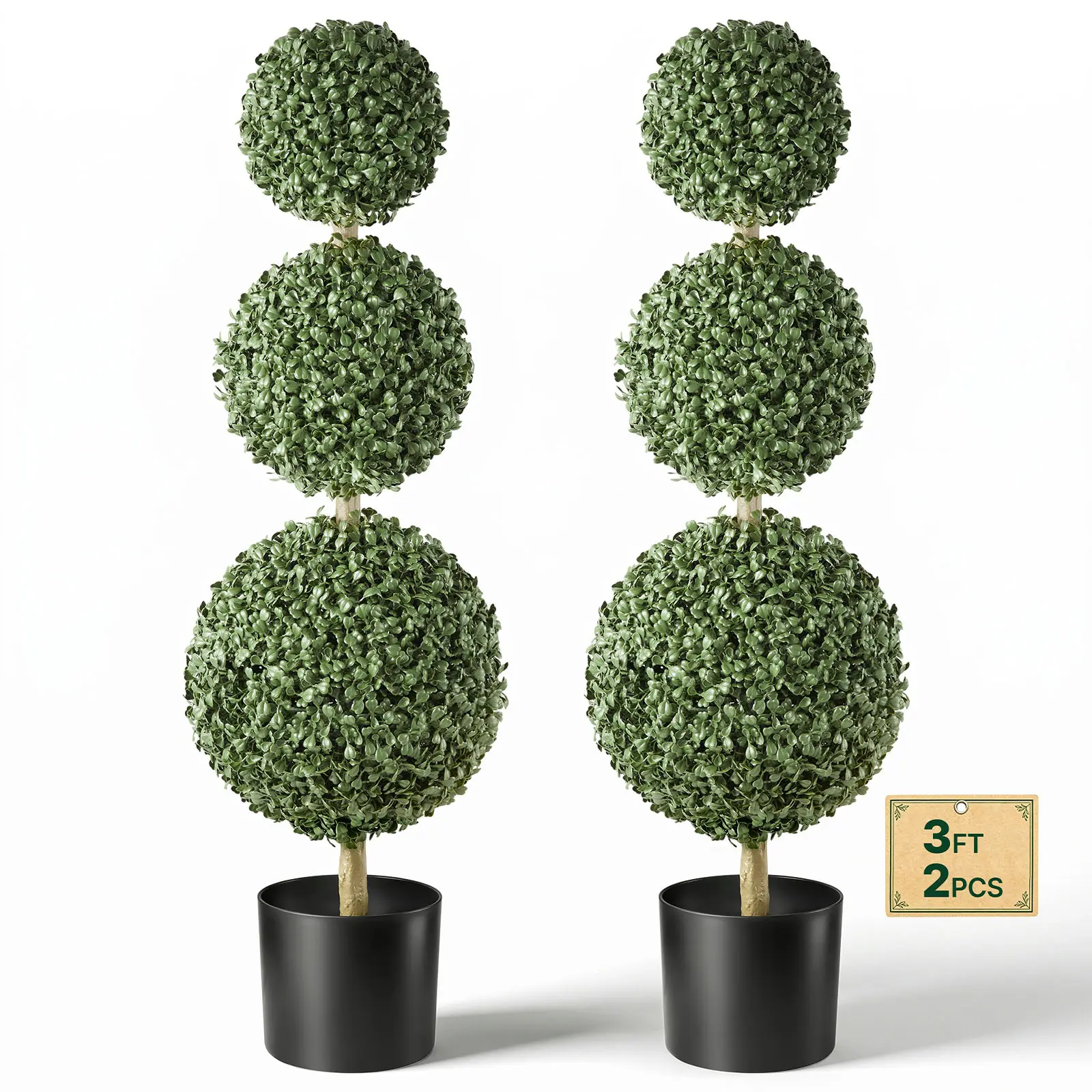 VEVOR Artificial Boxwood Topiary Triple Ball 3 Ft Set of 2 Greenery Decor, Premium PE Fake Trees, Year-Round Indoor & Outdoor Faux Green Plant for Front Door, Entryway, Porch, Balcony, Patio, Garden