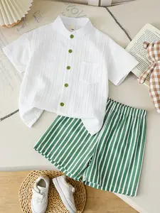 Boys' Summer Classic Fashion Set, Simple Stand Collar Button Shirt, Striped Shorts, Breathable 2-Piece