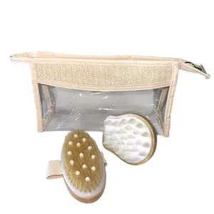 Dry Brushing Body Brush Set – 2 Natural Bristle Brushes + Travel Bag – Exfoliating,Cellulite & Lymphatic Drainage, Massage Kit for Glowing Skin – Spa Gift for Women & Men Silicone Wooden Bath