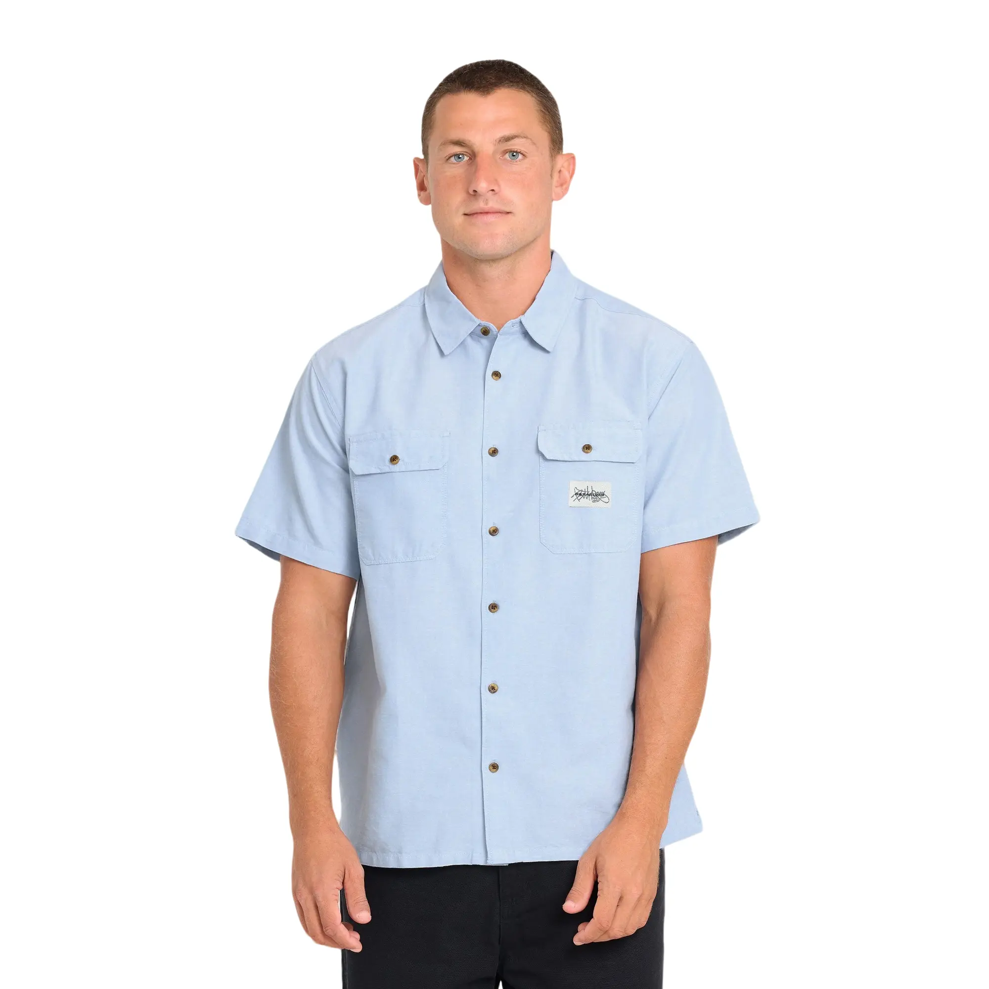 BILLABONG Bad Dog Short Sleeve Oxford Shirt, Men’s Regular Fit Casual Button Down, Cotton Shirt for Work, Office, Summer, Daily Wear Menswear Soft Blue Breathable Pockets Tops