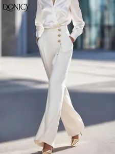 Women's Elegant High-Waisted Wide-Leg Solid Trousers with Metal Buckle, Perfect for Casual, Business and New Year Parties