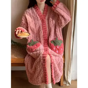 Women's Coral Fleece-Lined Winter Sleep Robe Mid-Length V-Neck Button Front with Strawberry Pockets Cozy Plush Long Sleeve Bathrobe for Christmas Thanksgiving Mother’s Day Gift Indoor Comfort Wear FJ129253