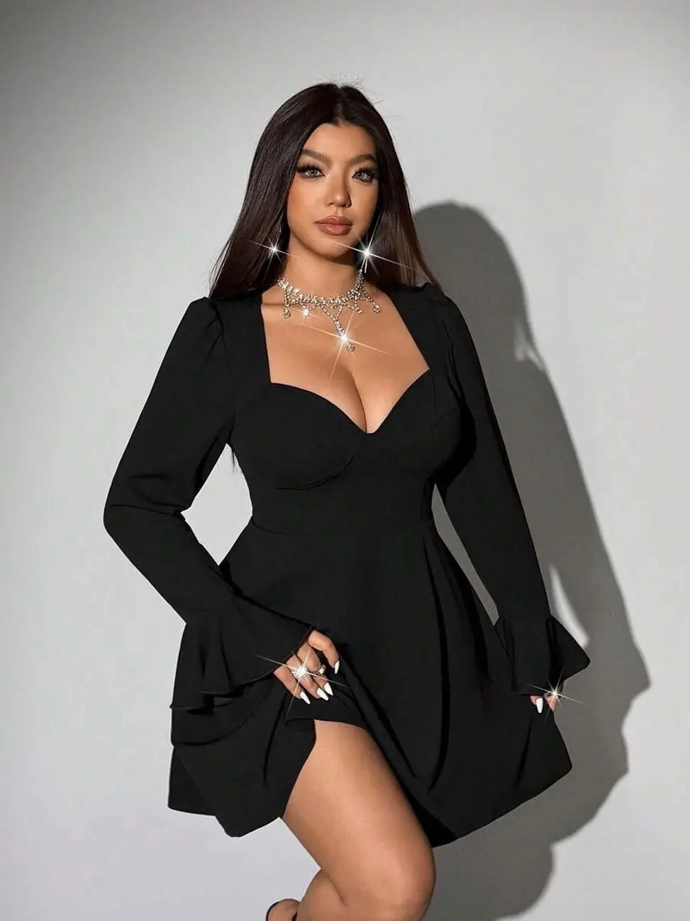 Viva Relle Elegant Navy Blue Plus Size Mini Dress Sweetheart Neckline A Line Flare Sleeve Knitted Fabric Fall