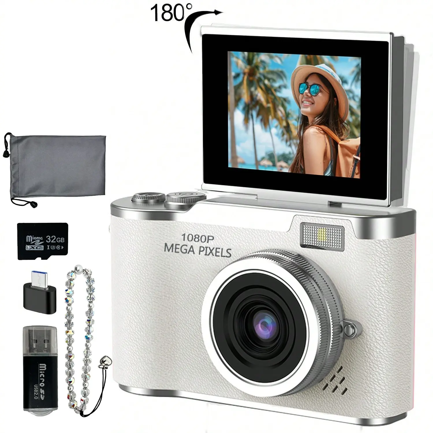Foldable Screen Camera, Entry-level Digital Camera, Vlogging Digital Camera, Camera For Vlogging, 1080P Video Recording Capability, Includes a Bracelet Pendant and Stickers, Compact Video Camera Flip Screen, Portable Vlogging Camera, 32GB Storage Card