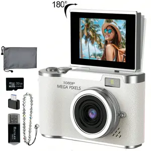 Foldable Screen Student Camera, Entry-level Digital Camera, 1080P Video Recording Capability. Includes a Bracelet Pendant and Stickers, a Compact and Convenient Video Shooting Camera With a Flip Screen Feature, Retro-Style Photos, and a 32GB Storage Card