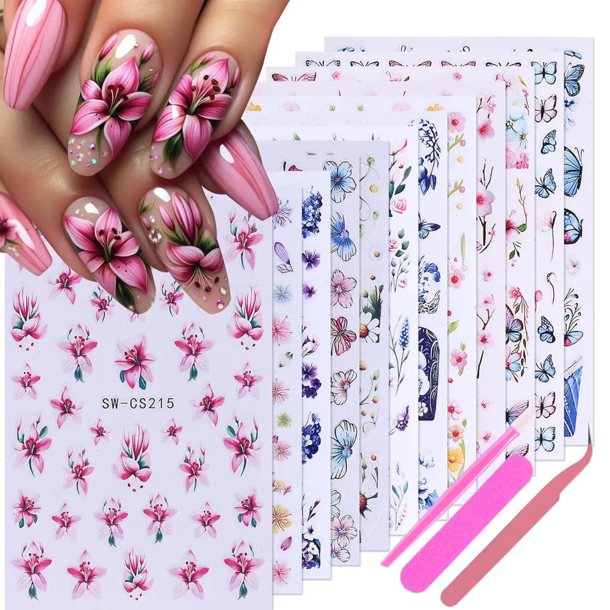 12 Sheets Flower & Butterfly Nail Art Stickers Set | 3D Floral Leaf Self-Adhesive Decals with Tweezers | DIY Spring Nail Decorations