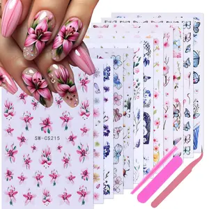12 Sheets Flower & Butterfly Nail Art Stickers Set | 3D Floral Leaf Self-Adhesive Decals with Tweezers | DIY Spring Nail Decorations