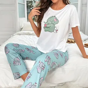 SERACAL 2-Piece Women's Pajama Set, Cartoon Elephant Print Short Sleeve Top & Long Pants, Casual Comfortable Loungewear for Home & Nightwearmewear