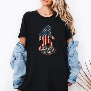 Women's Patriotic Crewneck Shortleeve Fitted Streetwear T-Shirt - America 250, USA Flag Cryptid, Everyday Wear - KitchenEra