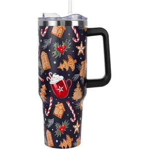 40oz Stainless Steel Vacuum Flask - Leakproof Insulated Portable Mug with Handle and Straw Lid, Gingerbread House Christmas Tumbler, Cute Holiday Gift for Women, Kitchenware Accessory, Leakproof Insulated Container
