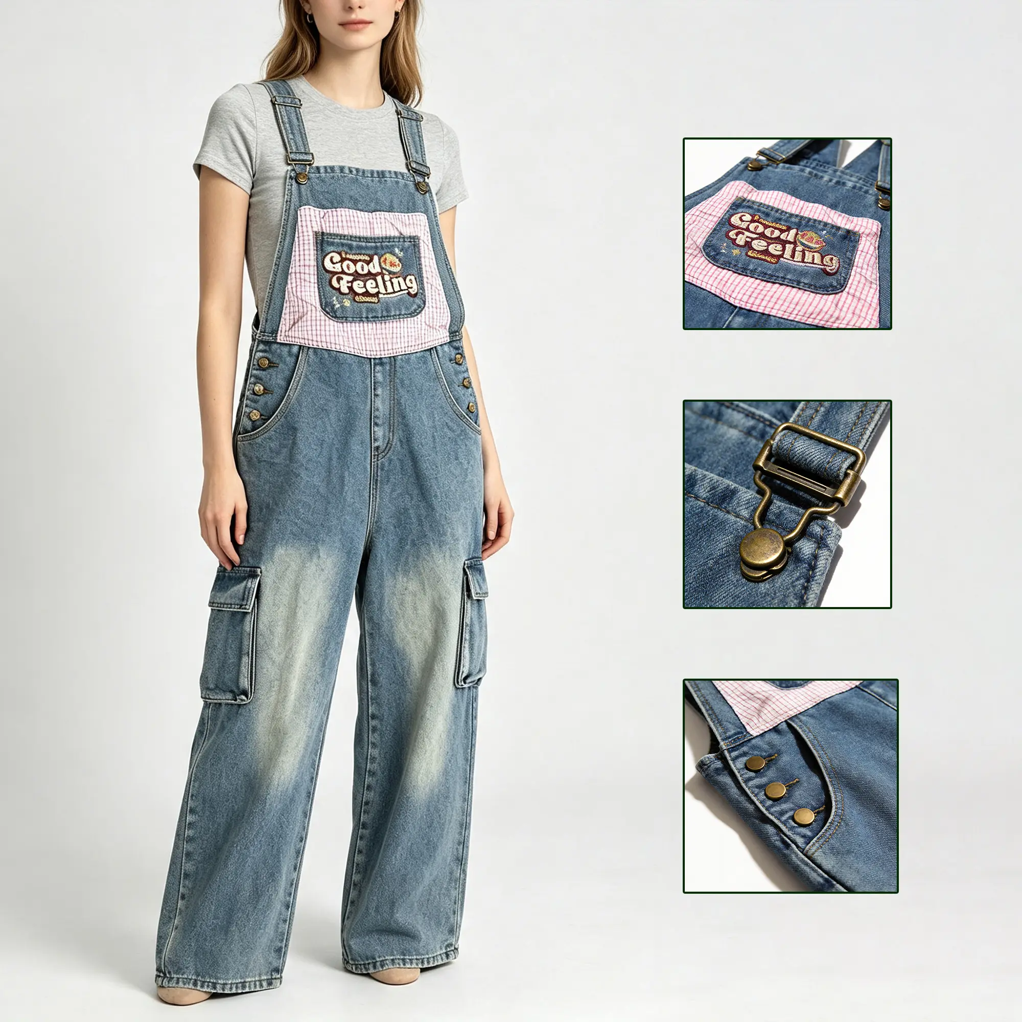 Women's Vintage Baggy Denim Overalls - Sleeveless Patchwork Jumpsuit, Wide Leg Roomy Fit, Cargo Pockets, Adjustable Strap Fit, Retro Look, Casual Streetwear Womenswear Suit Set Vibe Strappy