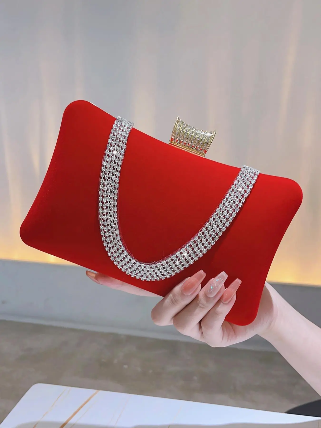 Women's Rhinestone Decorated Evening Bag, Elegant Velvet Clutch Purse With Chain Strap, Luxury Shoulder Bag For Party